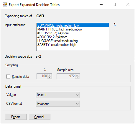 DEXiWin: Settings for expanding decision tables