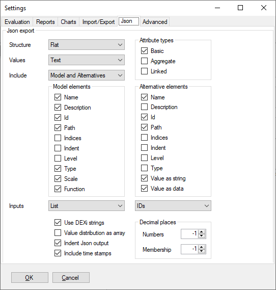 DEXiWin: Json Settings